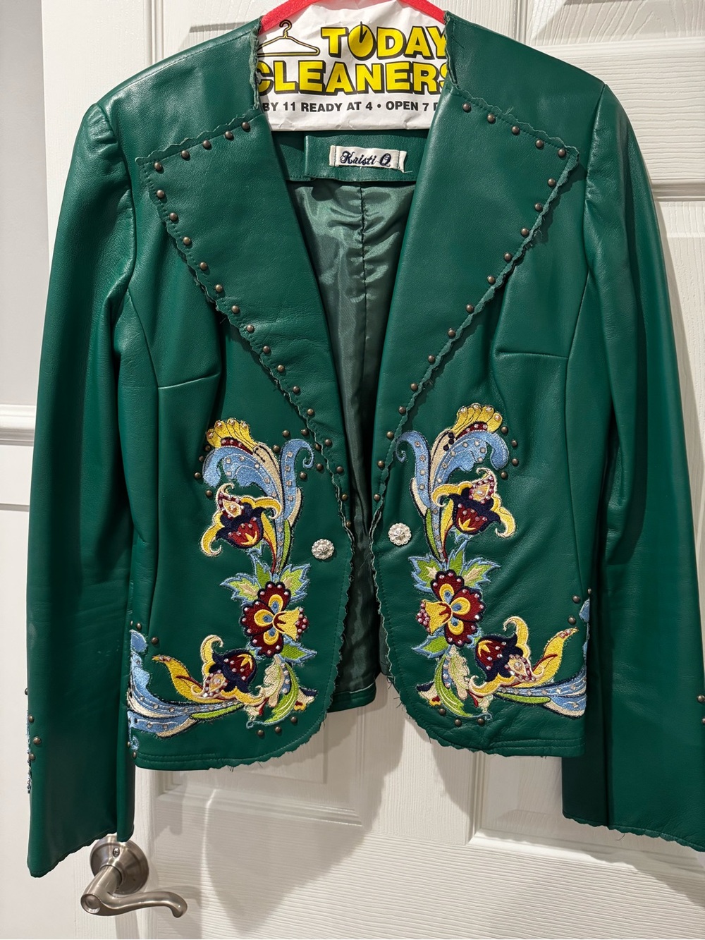 Green Embroidered Leather Jacket -